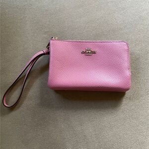 NWT COACH Double Zip Pink Pebbled Leather Wristlet Wallet AUTHENTIC
